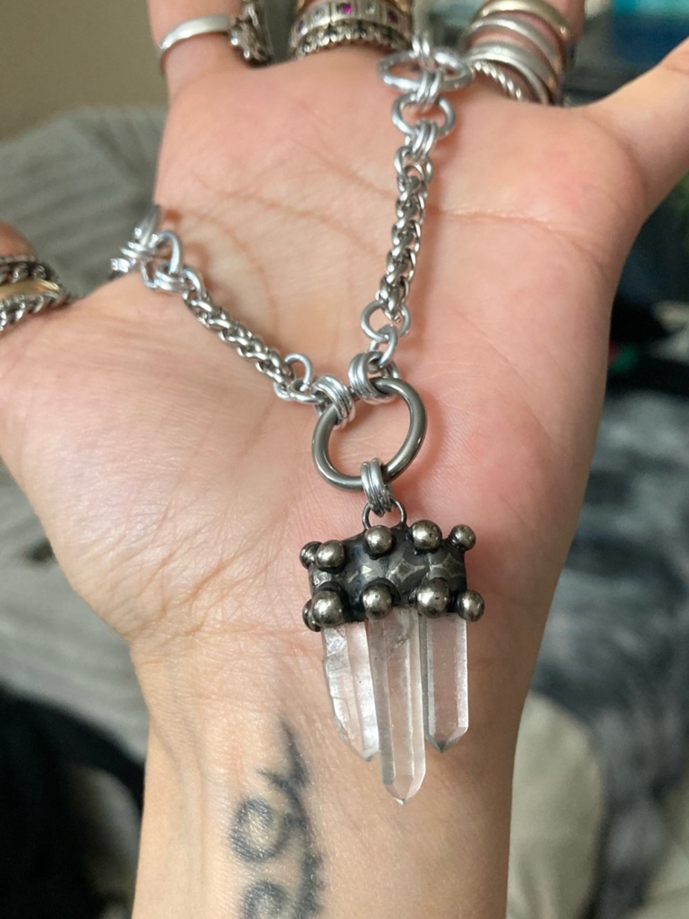 Handmade Genuine raw crystal quartz maille stainless steel boho goth necklace - Picture 15 of 16